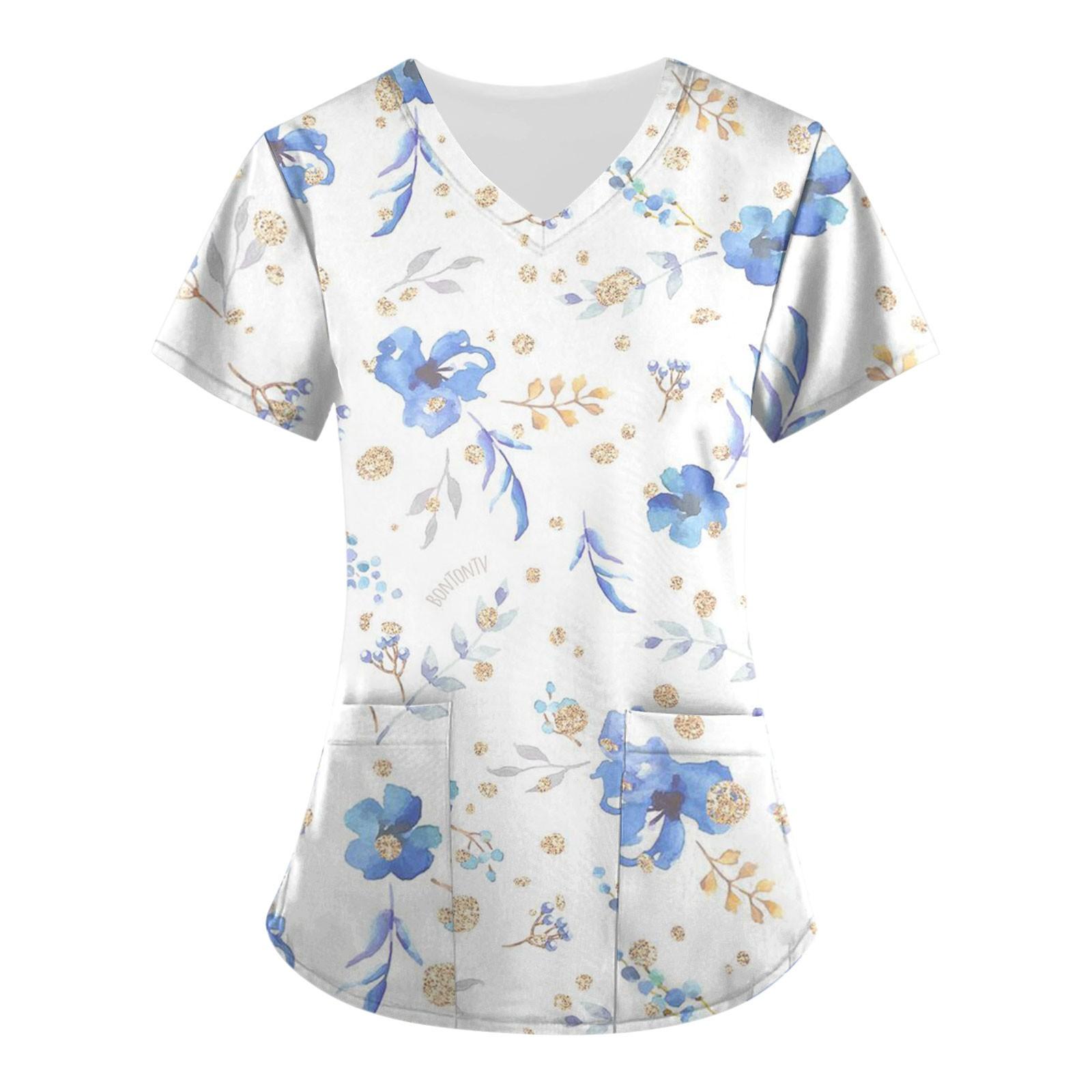 

Женские топы с короткими рукавами и v-образным вырезом с цветочным принтом, рабочая униформа, карманная блузка XXL белый