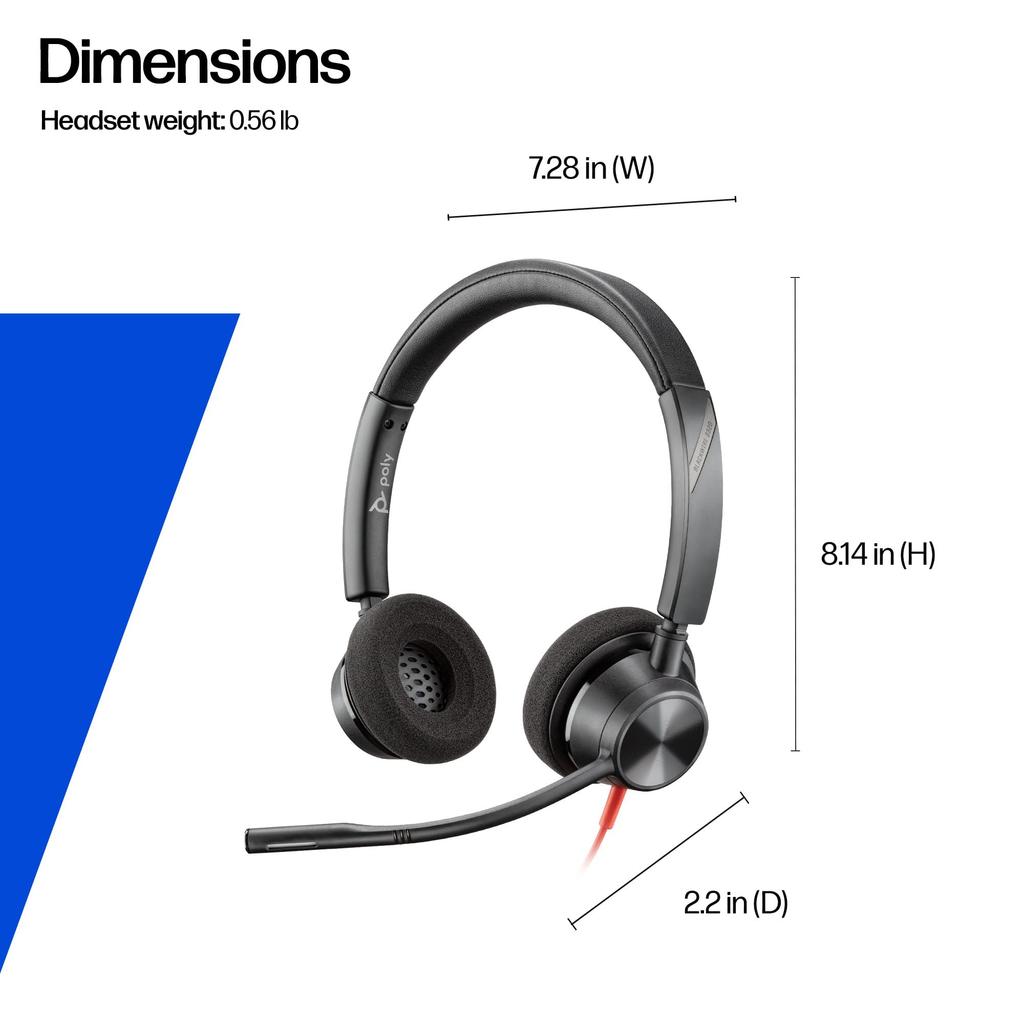 Poly Blackwire 3320 Wired Headset Microsoft Noise with for Web Plantronics Polycom 8G0Y9AA (USB-C Connection, Certified, Cancelling, Microphone,