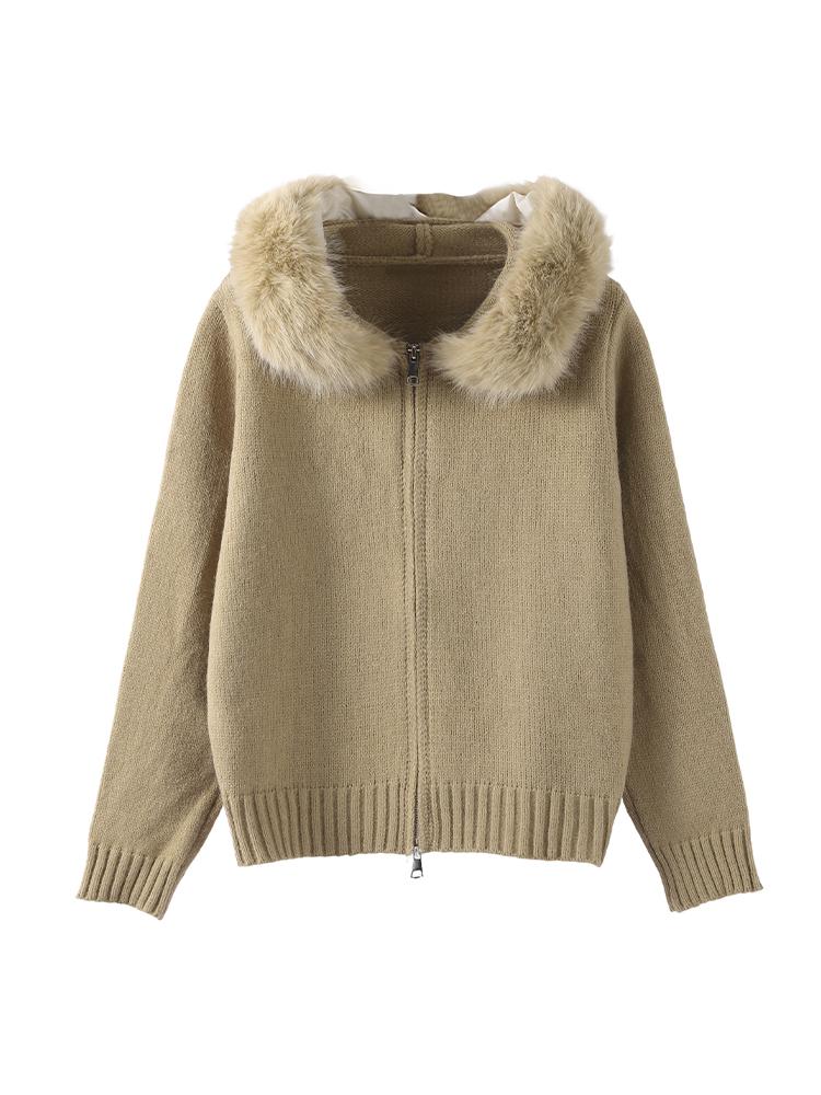 Cardigan da donna con cappuccio e zip color kaki, maglione, cappello in pelliccia, cardigan bianco lavorato a maglia, cappello peloso, giacca lavorata a maglia, maglione caldo nero da donna con fodera, autunno inverno