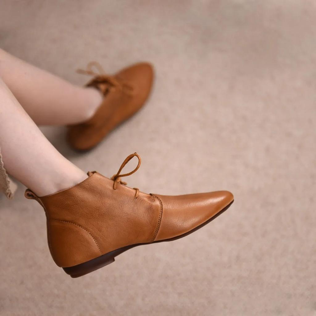 Women's Ankle Boots Lace Up Leather Shoes Pointed Toe Flats Soft Sneakers for Female Motorcyle Boots Black Booties 2025