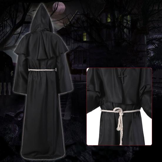 4Pcs/Set Halloween Cloak Costume Medieval Monk Robe Wizard Cosplay Dance Fabric Cape with Strong Drape Big Hat Necklace Waist Rope