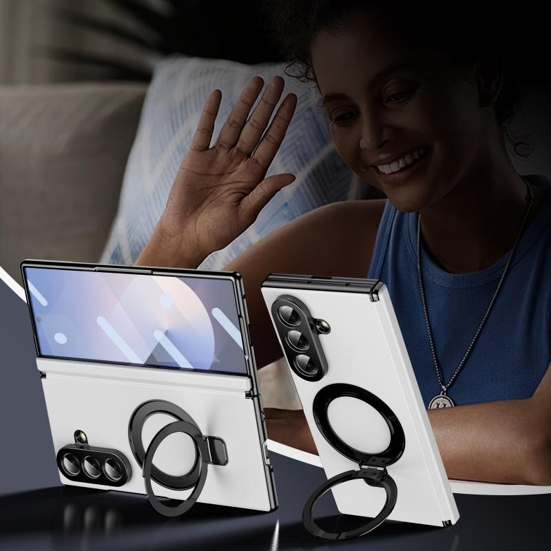 360 Rotate Ring Holder Kickstand Leather Case for Samsung Galaxy Z Fold 8 Ultra 7 6 5 4 3 with Glass Screen Film Anti-drop Cover