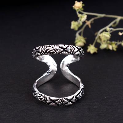 Handmade Floral Oxidized Silver Ring Adjustable Double Band Tribal Design Statement Jewelry Gift for Men & Women