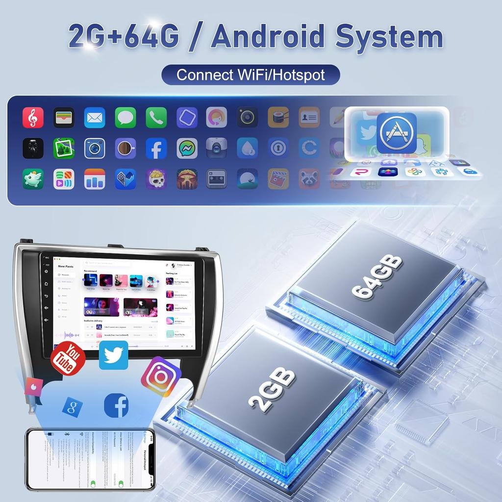2GB+64GB Car Radio for Toyota Camry 2015-2017, 10.1' Android Touch Screen with CarPlay/Android Auto, Bluetooth, FM RDS, SWC