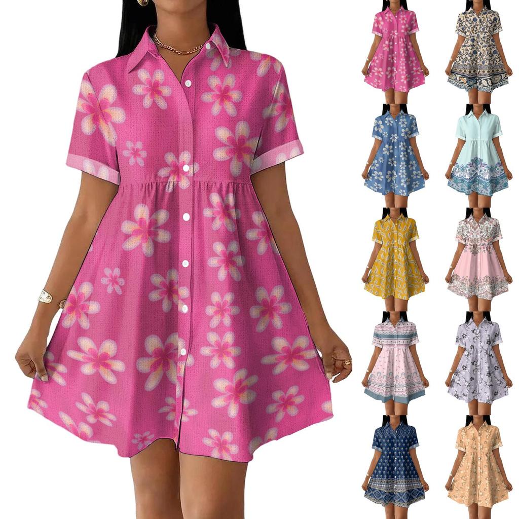Casual Loose Fit Shirt Dress for Women Button Front Short Sleeve Collared Dress with Printed Hemline Border Design