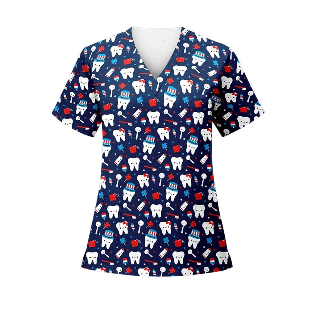 Women's Loose Short Sleeved Fashionable Tooth Pattern Printing V-neck Buttonable Side Slit Top T-shirt