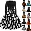Women's Casual Retro Halloween Dress Long Sleeve Round Neck Vintage Fit and Flare Dress with Bat Print and Waist Tie Belt for Everyday Wear