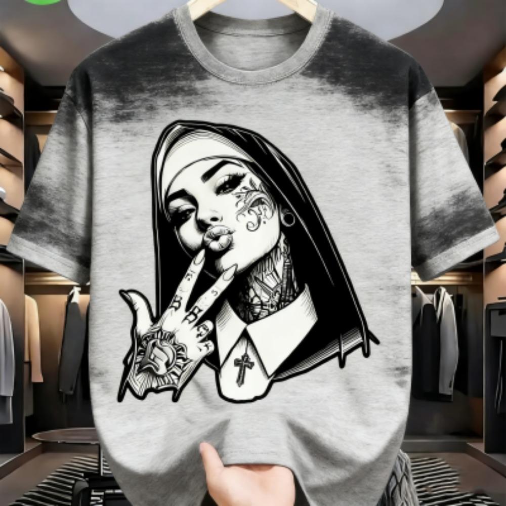 Tattooed Nun Graphic Print Men's T-shirt Summer Fashion Casual Loose Short Sleeves Men's and Women's Tees Top