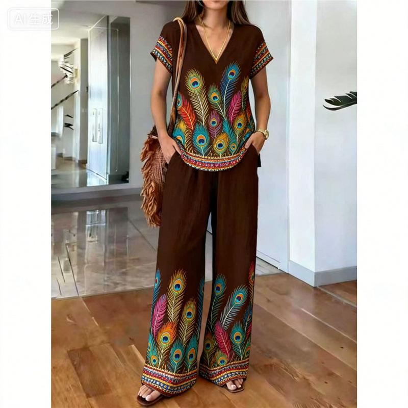 Malaysia Bohemian Print Two-piece Fashion V-neck Short-sleeved Suit Top