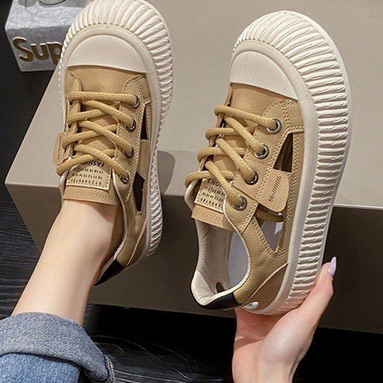 Letní novinka Muffin sušenky Soft Bottom Dámské Boty Studentská móda Vyhloubená Zavazování kolem hlavy Volný čas Bílé boty pro ženy