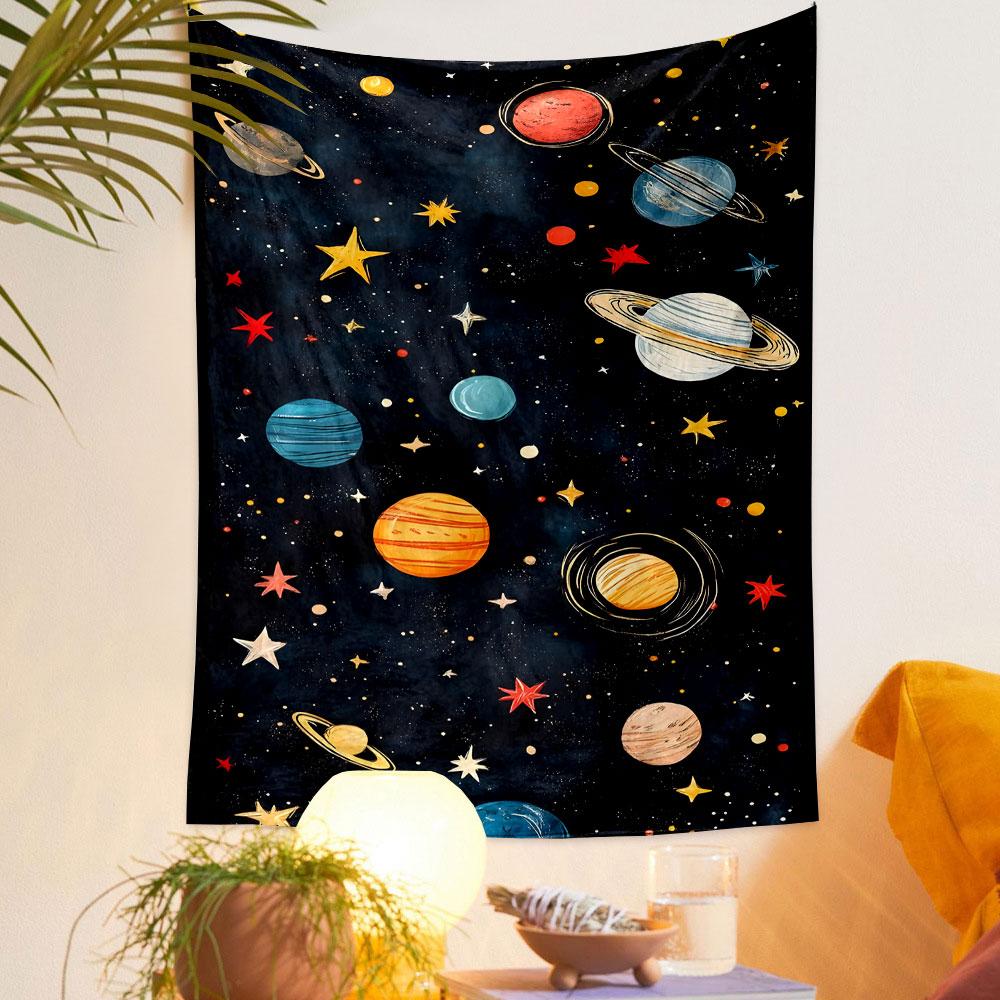 "Colorful Planets and Stars in Space" Patterned Tapestry Decorative Wall Hanging, Home Bedroom Living Room Decor