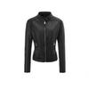 Womens Faux Leather Jacket Stand Collar Zip Up Slim Fit Black Apricot Burgundy