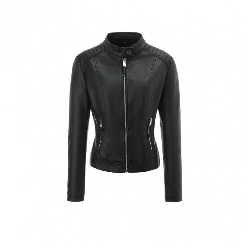 Womens Faux Leather Jacket Stand Collar Zip Up Slim Fit Black Apricot Burgundy