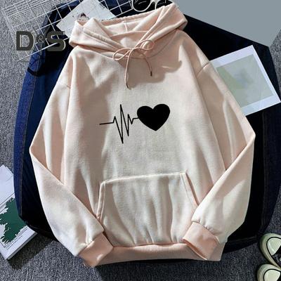 Unisex herfst winter hoodie hart print capuchon losse trekkoord lange mouw trui dikke pluche warme elastische manchet grote patch zak casual hoodie