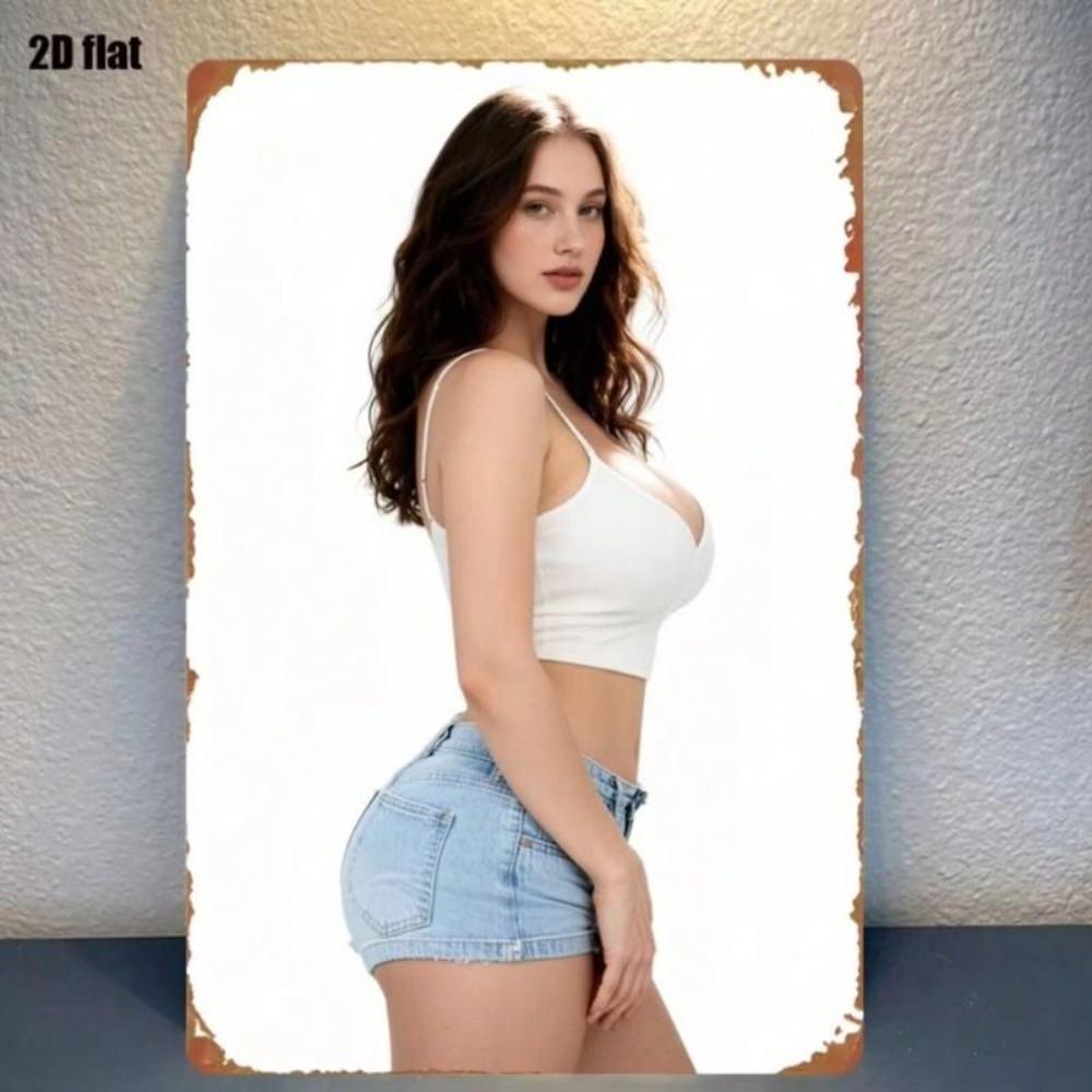 Metal Poster Girl White Top Denim Shorts Modern Wall Art Living Room