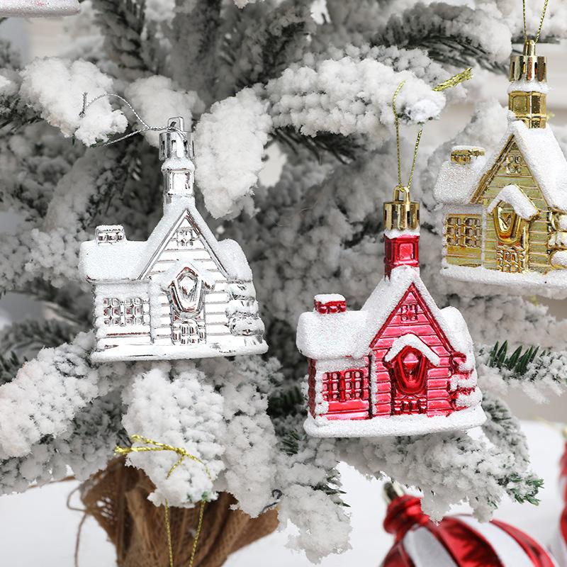 Christmas Supplies Red Gold Snow House Shape Christmas Tree Pendant Home 2025 New Year Decoration Xmas Tree Decors 4PCs/Set
