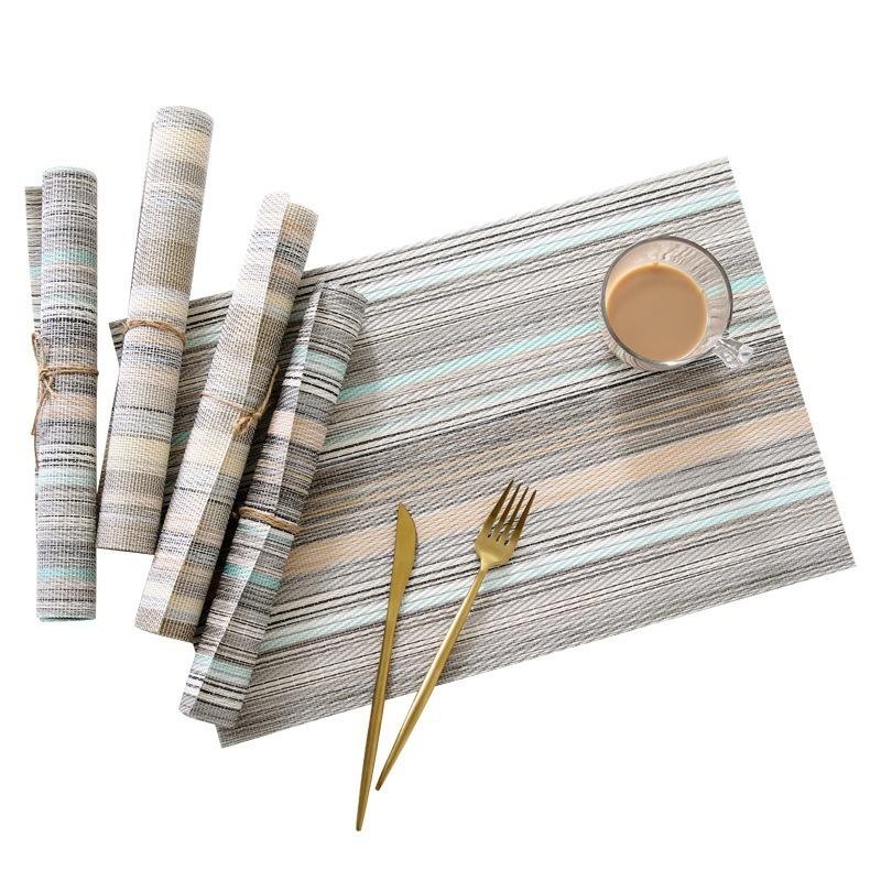PVC Rectangular Green And Gold Striped Meal Mats Hotel Waterproof Scald Proof Coffee Mat Mesh Cloth Dining Table Mat