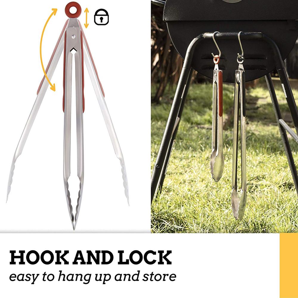 LMETJMA 9'' 12'' 14'' 16'' Kitchen Tongs Stainless Steel Grill Tongs for Cooking BBQ Non-Slip Salad Tongs Clips KC0312