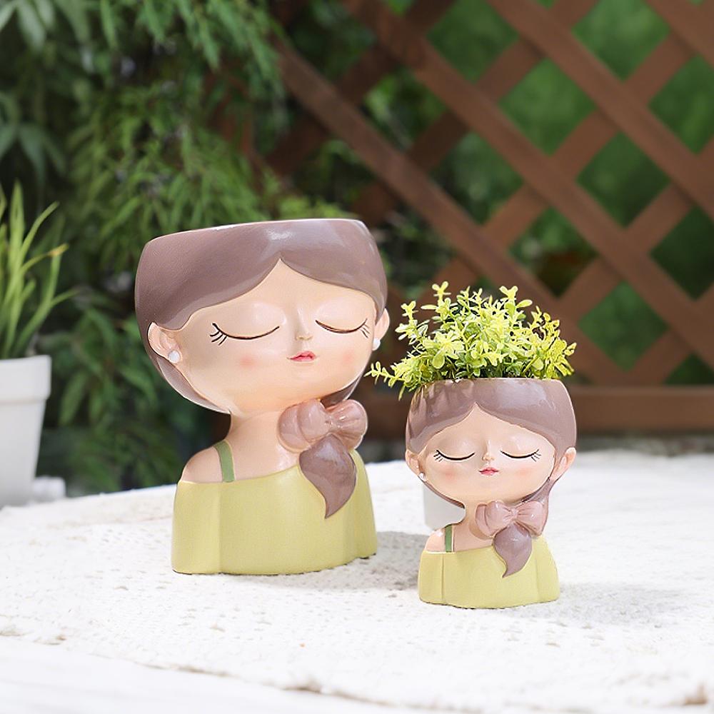 Cute Girl Small Plant Pot Resin Succulent Planter for Home Office Desk Mini Ornament Fairy Garden Flowerpot Decoration