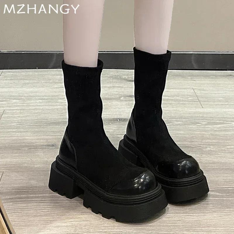 Damen Schnee Plateau Stiefel Wildleder Flats Mid Calf Schuhe 2024 Trend Leder Goth Stiefel Neue Damen Pumps Mode Winter Dame Reißverschluss Schuhe