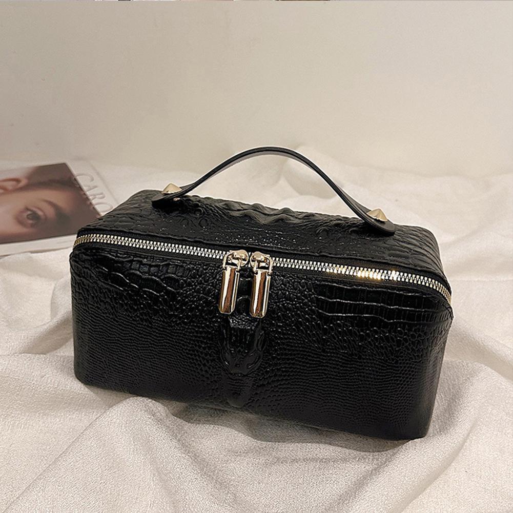Snakeskin Pattern Cosmetic Bag with Zipper Travel Makeup Pouch with Handle Cosmetic Organizer Case Open Flat for Women and Girls