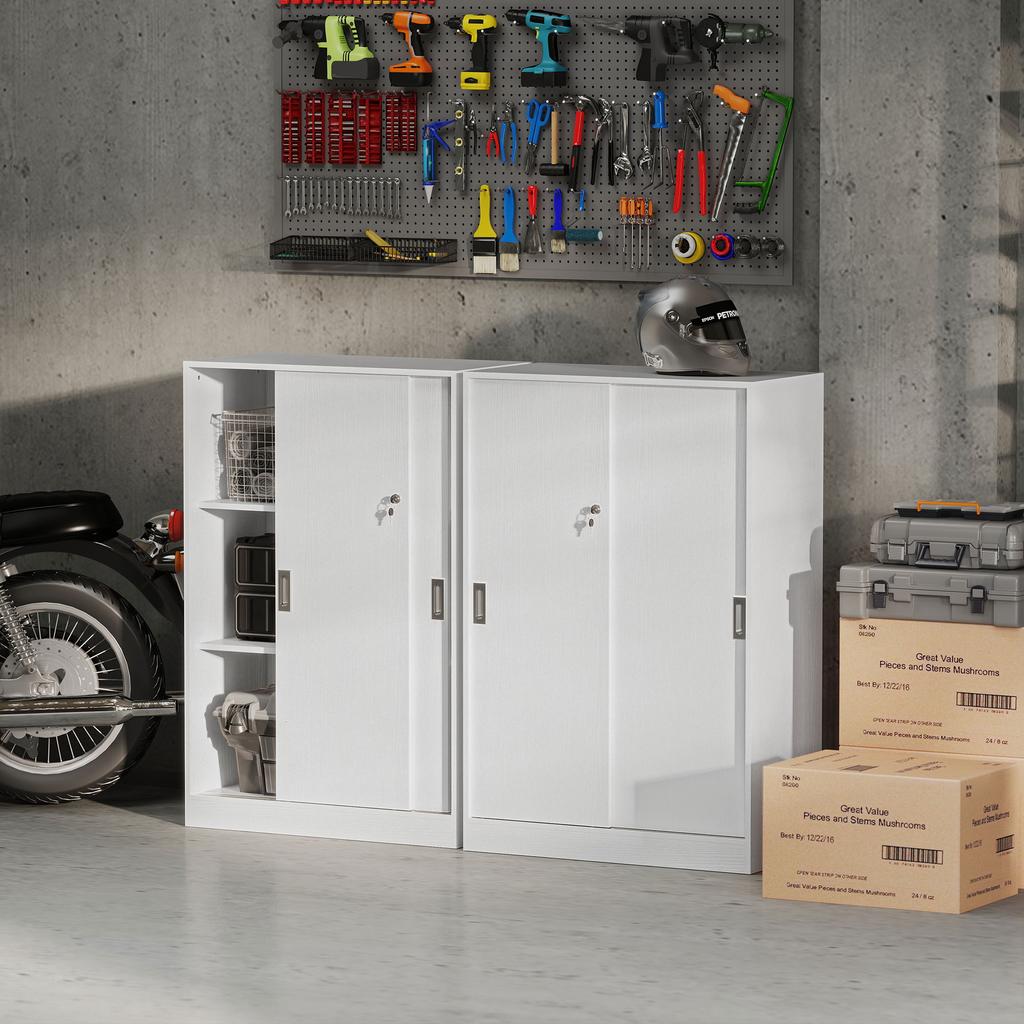Office Cabinet 2 Lockable Sliding Doors Dim 80L X 40W X 120H Cm 2 Shelves In White Wood