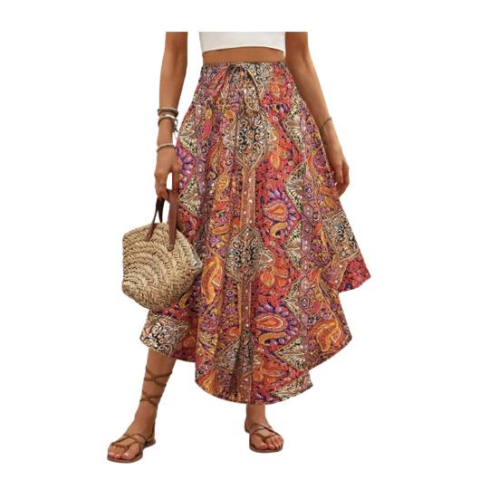 Boho Skirt Elastic High Waist A-Line Skirt Boho Adjustable Lace-up Retro Printed Loose Fit Slimming Skirt