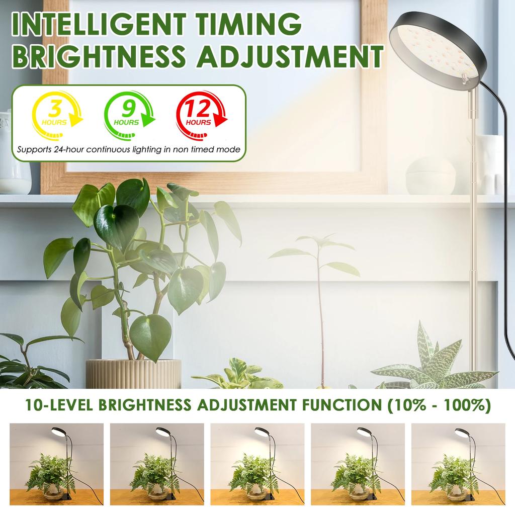 LED Grow Light Full Spectrum Plant Lamp Dimmable 3 Modes Height Adjustable Indoor Plants Light 3/9/12H Timer 10-Level Dimming