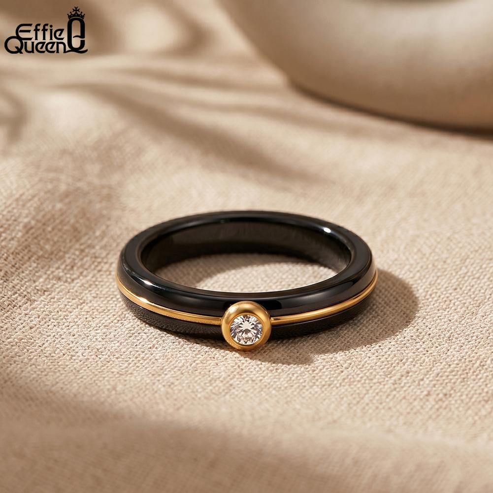 Effie Queen Stainless Steel Metal Ceramic Finger Ring Waterproof Minimalist Texture Dainty Zircon Ring Jewelry Accessories STTR