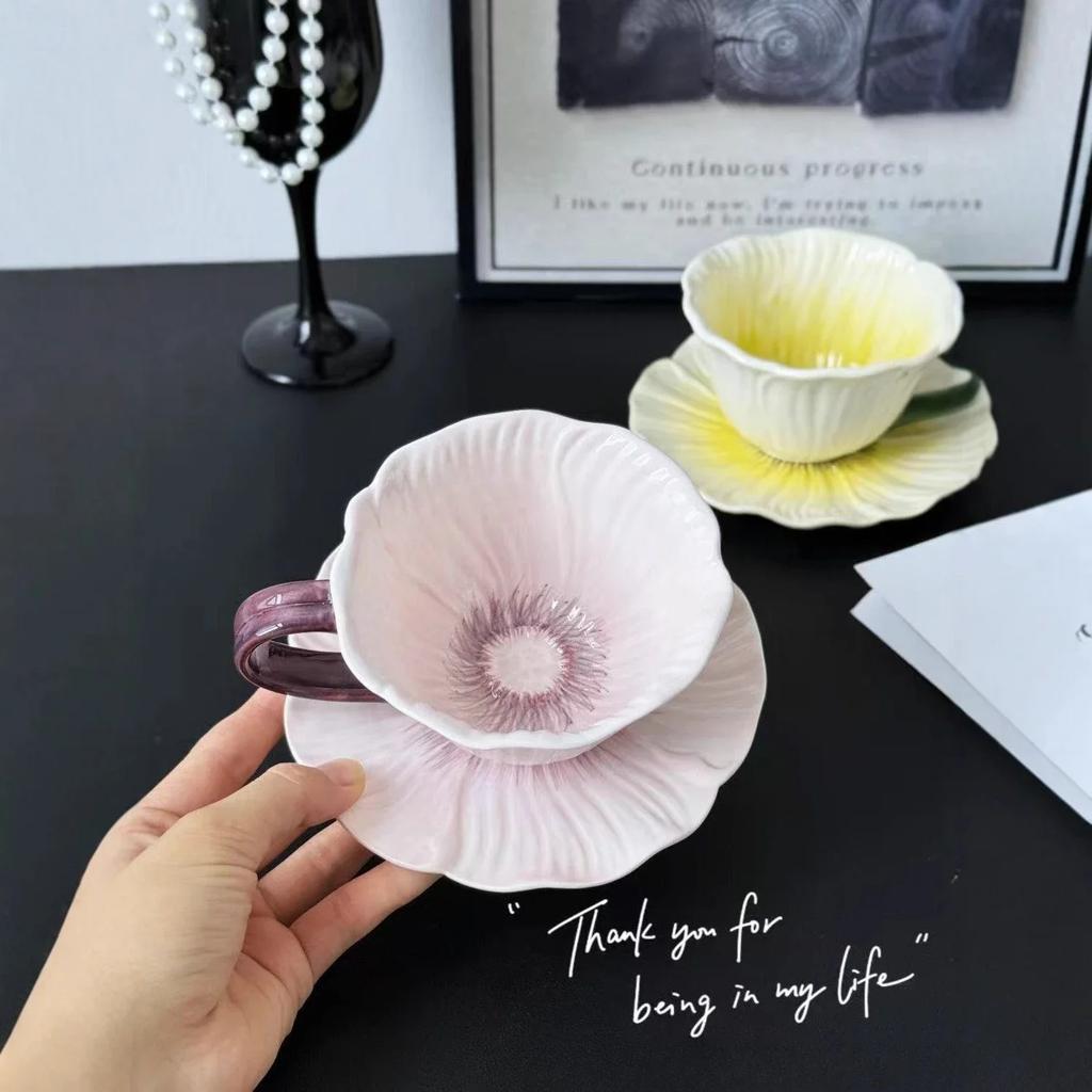 European style ceramic coffee cup set, niche women's high-value latte cup exquisite colorful flowers coffee cup