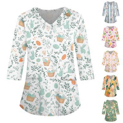 Fashionable V-neck Women's 3/4 Sleeved Work Clothes Pocket Printed Loose Tops