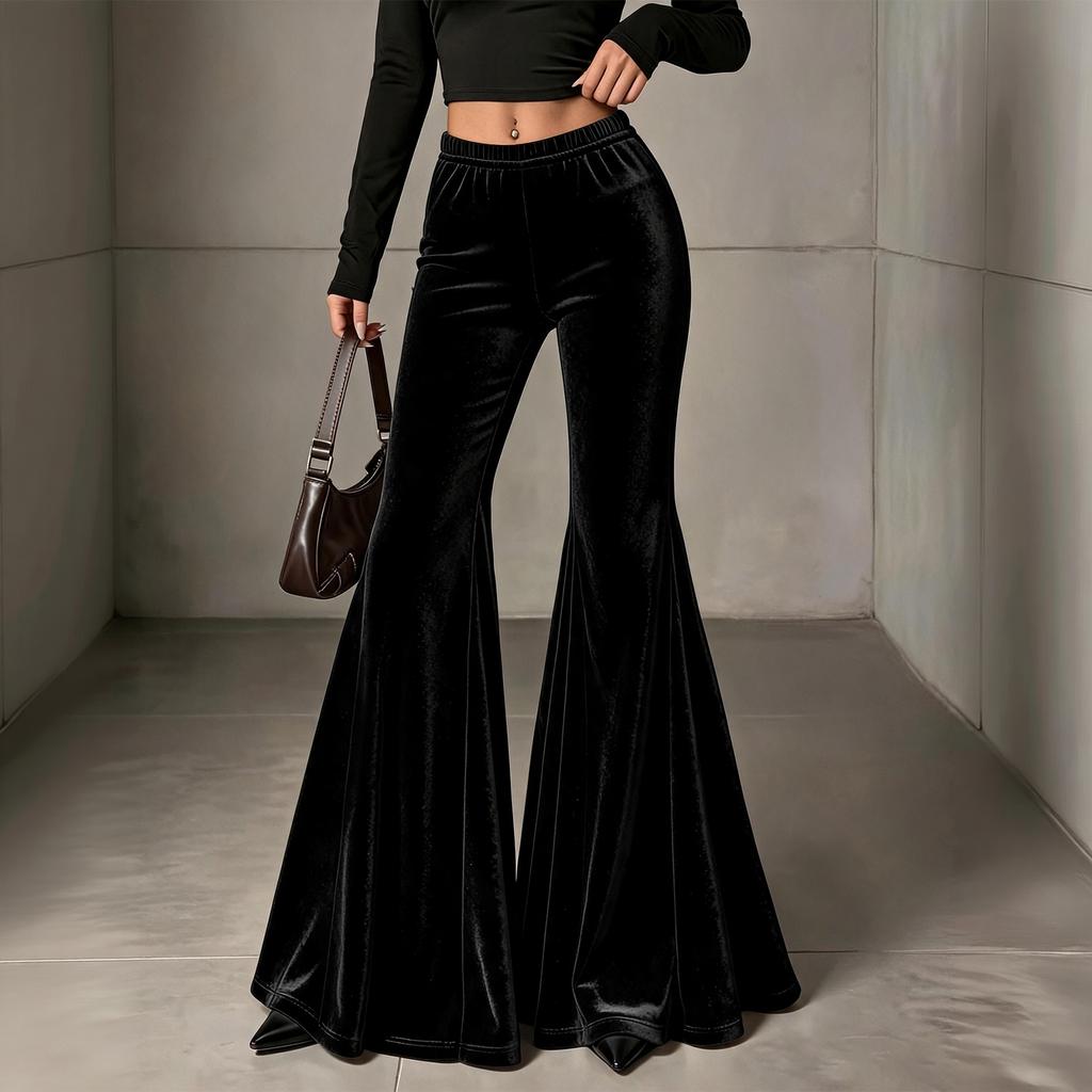 Women's High Waist Flared Pants, Elastic Waist Color Loose Casual Trousers