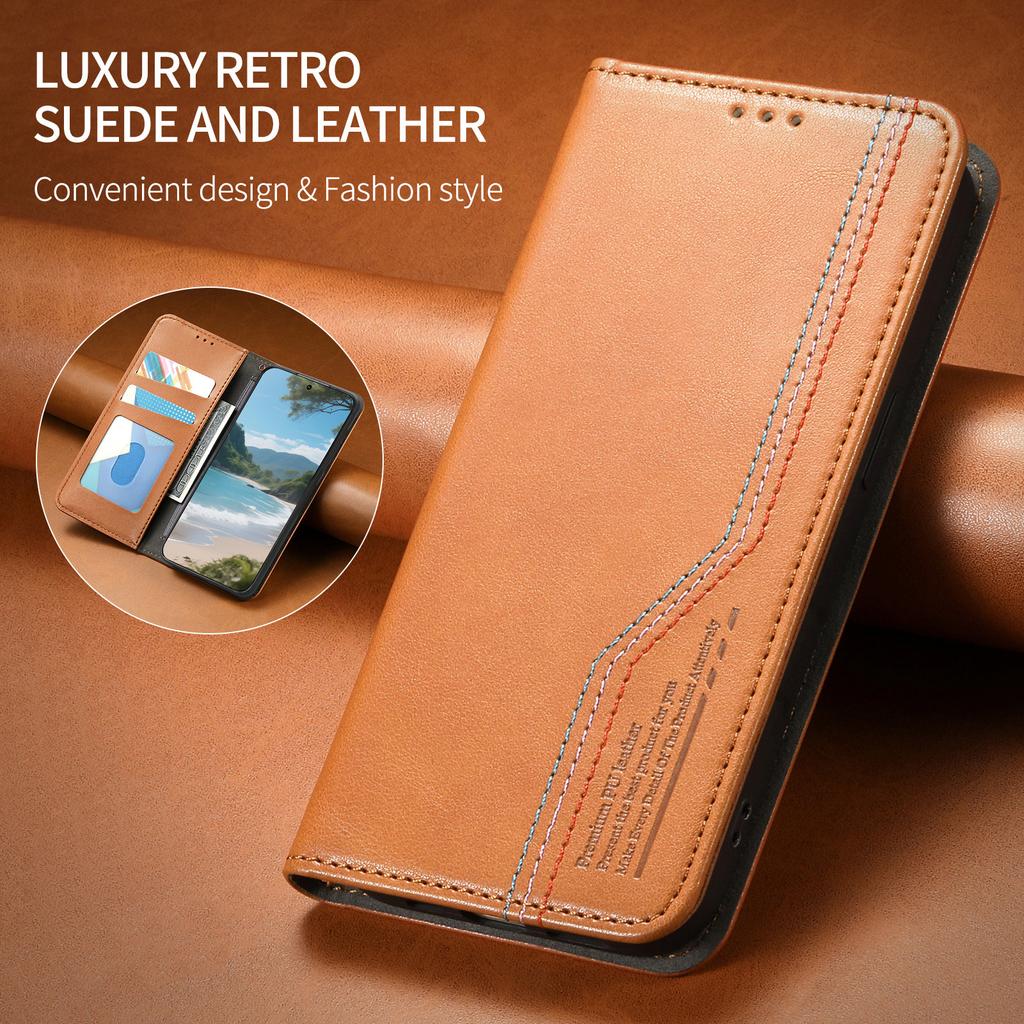 Multifunktionales Vintage-Luxus-Etui für Motorola Moto E15/G05/G15/G75/G85...Ständer + Kartenfach + Rutschfeste Handschlaufe | Wildleder & Leder (4 Farben)
