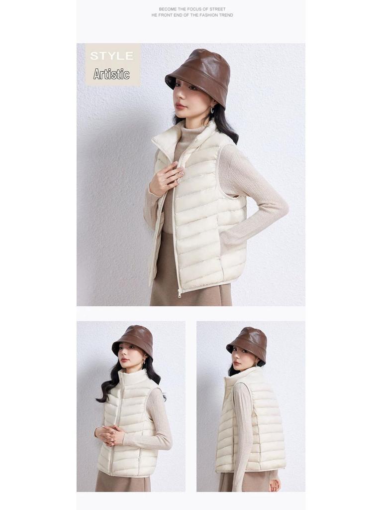 Women's Lightweight White Duck Down Vest: Short Stand-Up Collar Inner Layer for Winter