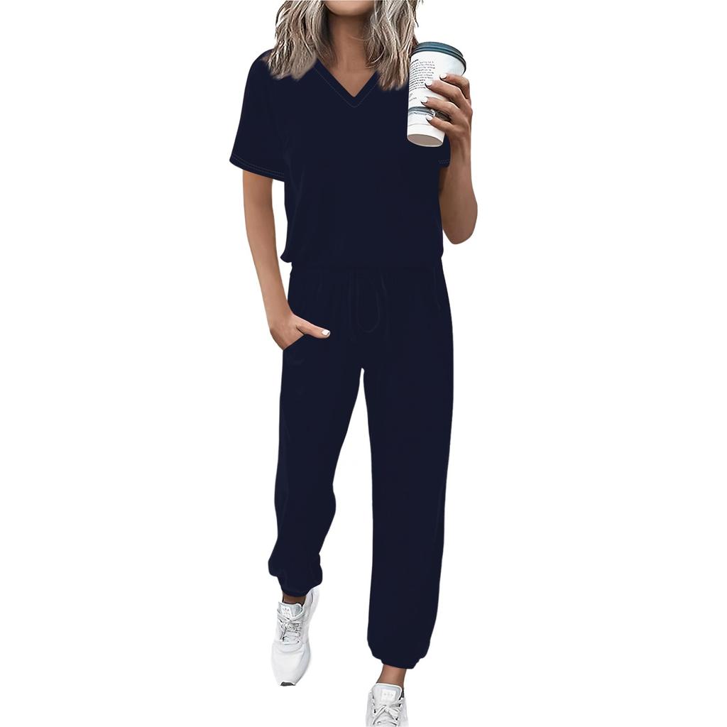 Women's Jogging Fashion V-Neck Color Short Sleeve Belt Loose Pants Tracksuit
