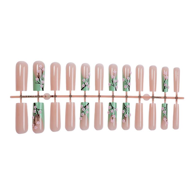 24 pieces of cyan French fake nail patches flower ancient dress white nail art extended water pipe wearing nail pieces