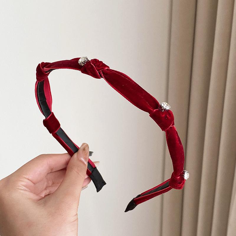 

Корейская наследница Бархатная повязка на голову со стразами для женщин - Винтажный аксессуар для волос с узлом вино красного