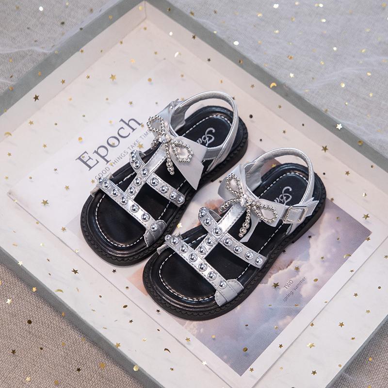 Girls Roman Sandals with Rivet Bow Kids Summer Beach Shoes Soft Sole Children Princess Dress Sandals for Party Wedding