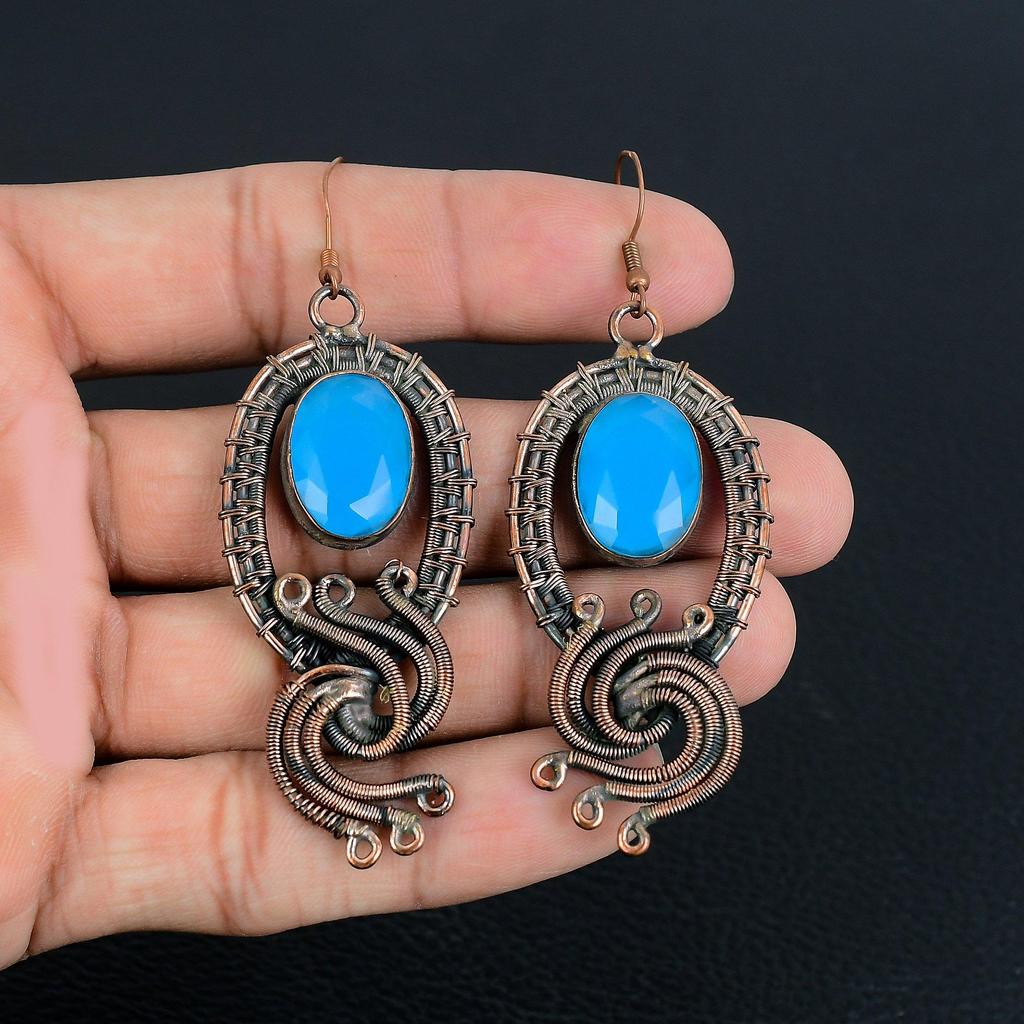 Blue Chalcedony 999 Copper Wire Wrapped Earrings, Handmade Gemstone Earrings Jewelry, Gifts For Wife Brand New Earrings