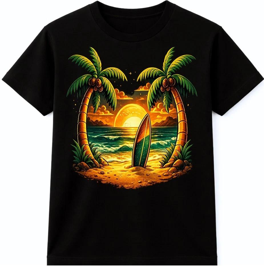 Tropical Beach T-Shirt Sunset Surfboard Graphic Palm Trees Ocean Summer tee S