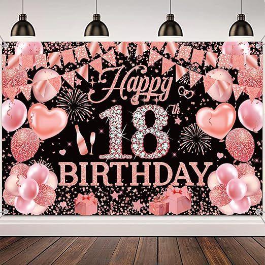 Decorazione per il 18° Compleanno Stendardo di Sfondo Oro Rosa Decorazione per Feste Sfondo Fotografico per Interni ed Esterni