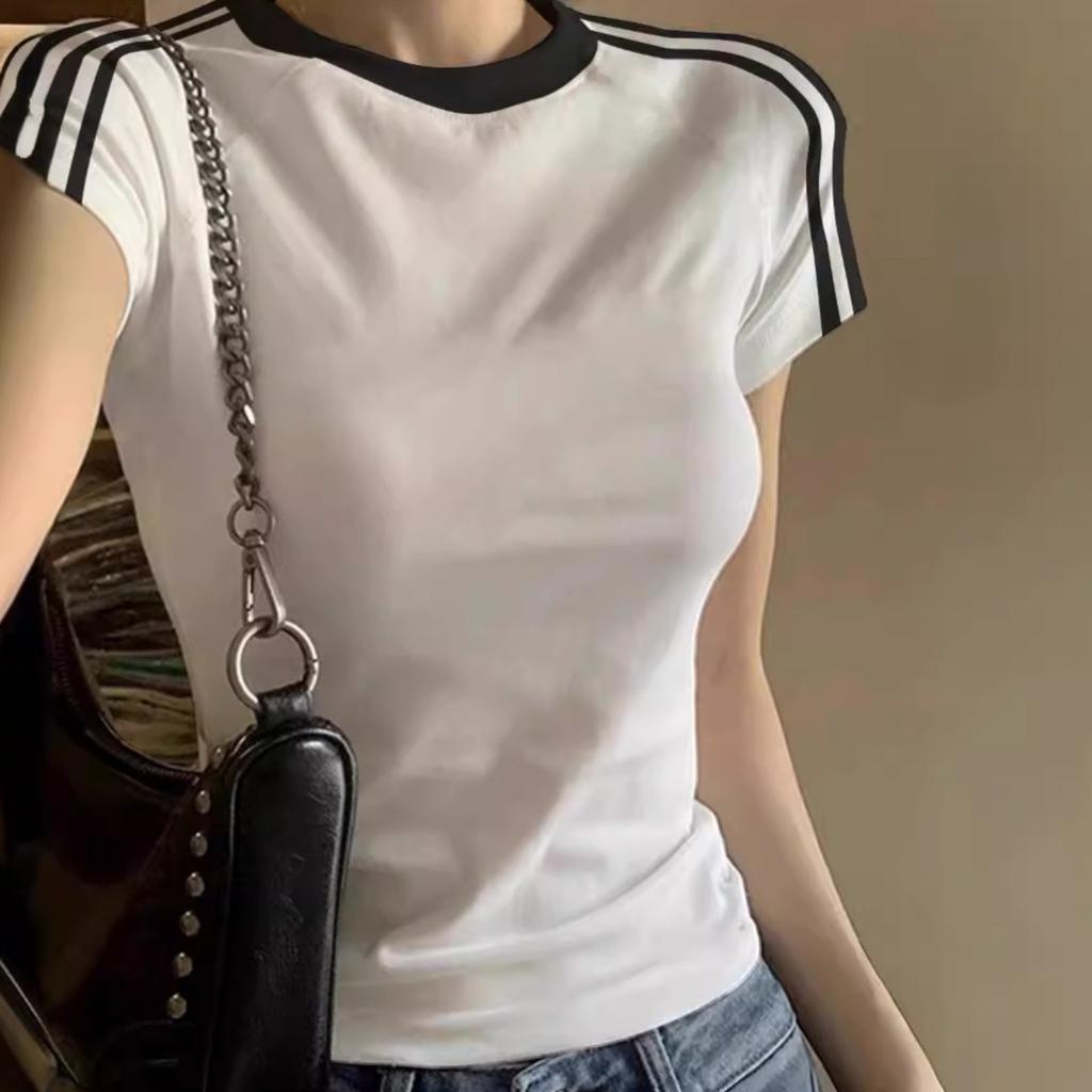 Women's Round Neck Short Sleeve Regular Fit Top Casual Colorblock Cotton T-Shirt