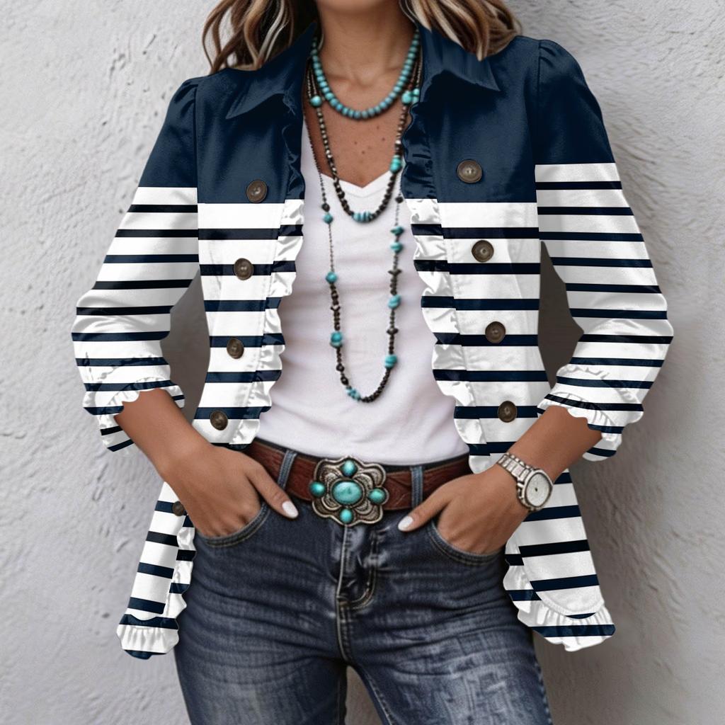Women's Striped Print Long Sleeve Ruffle Button Front Shirt Jacket for Casual Wear
