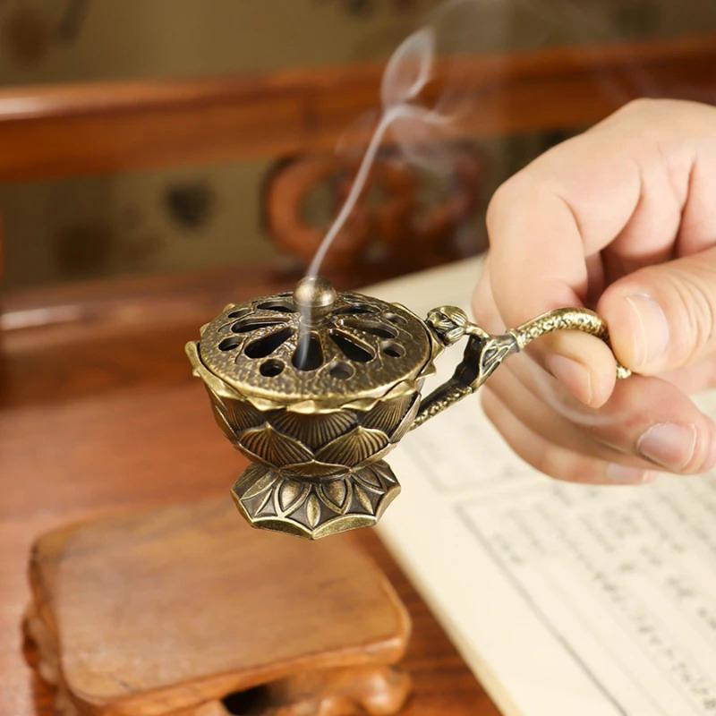 Lotus Flower Incense Burner With Handle Retro Lotus Hollow Out Incense Stick Burner Small Metal Craft Home Decor