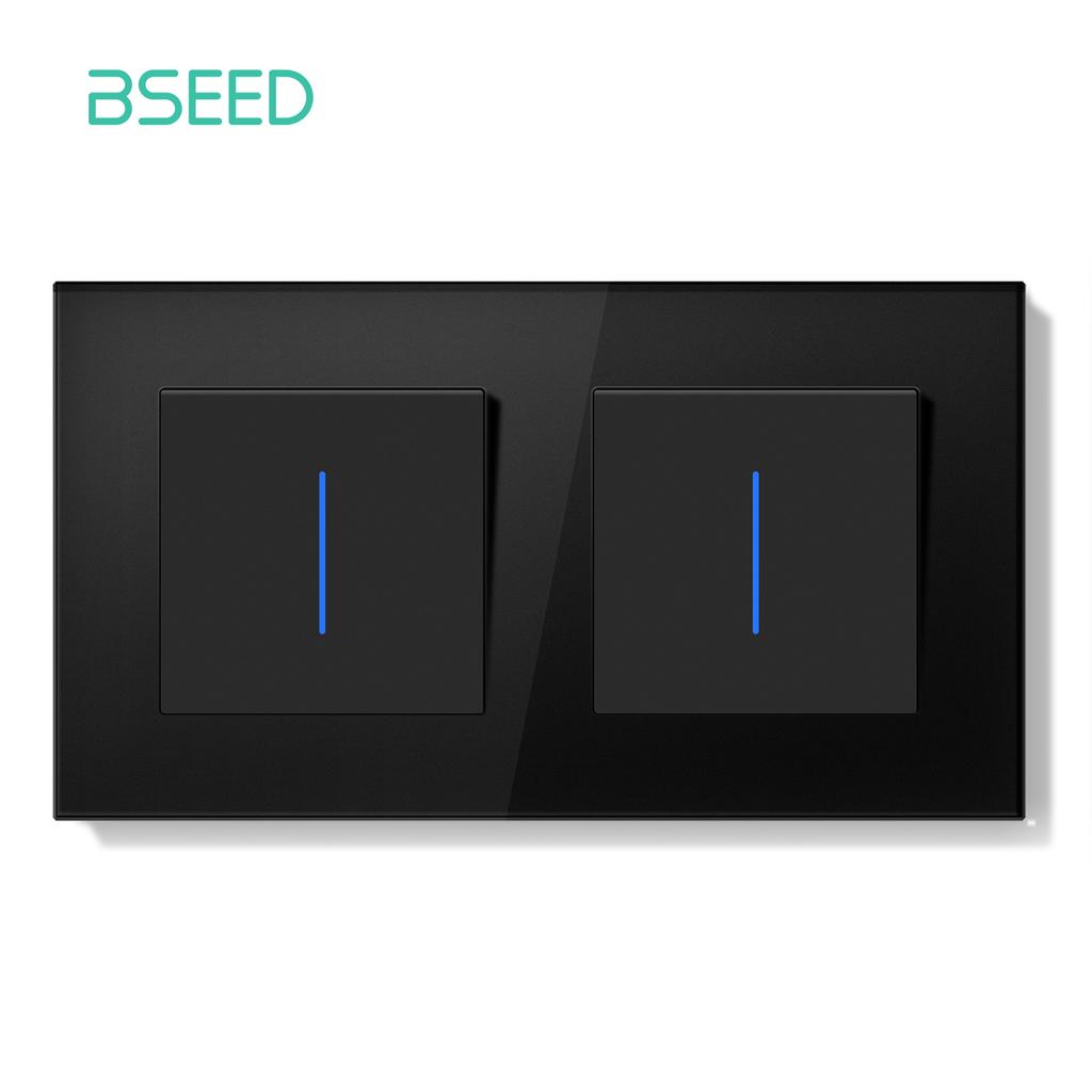 BSEED 1/2Gang Wall Light Switch Mechanical Double Button Switch 1Way With LED EU Sockets USB 20W Type-c Power Ports Glass Panels