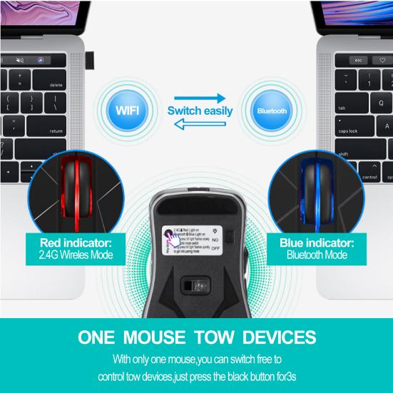 Bezdrátová myš Bluetooth Dobíjecí Dual Mode 3 Nastavitelné DPI 6 tlačítek Ergonomická optická herní myš pro PC Počítač Laptop