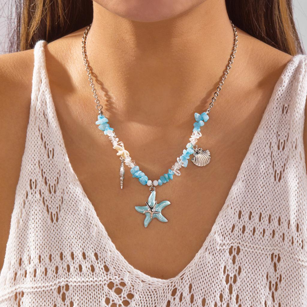 Bohemian Summer Double Layered Necklace for Women Blue Irregular Stone Beaded Starfish Pendant Choker Vacation Jewelry Gifts