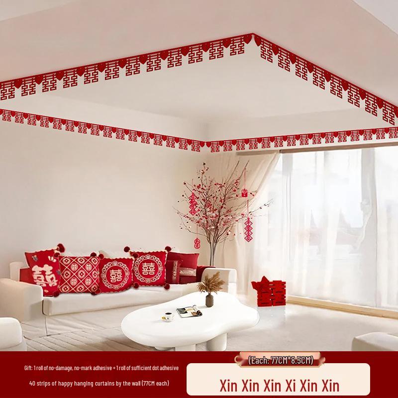 Wedding Room Decoration Set: Double Happiness Ceiling and Groom's Arrangement