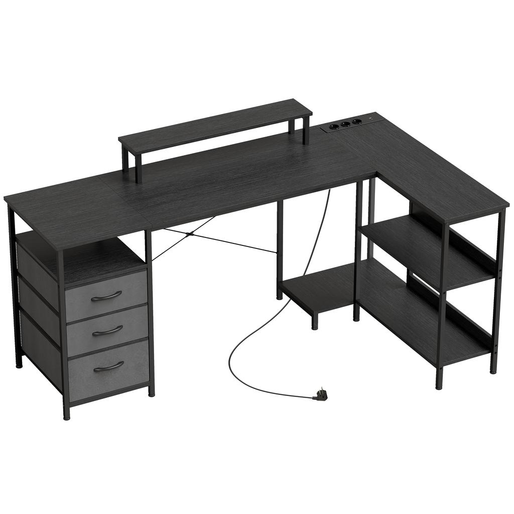 L-Shaped Desk, Reversible Corner Desk with Drawers and Shelves, 170 cm, Black