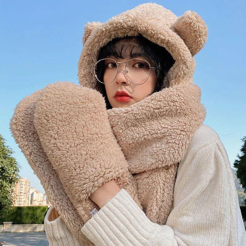 

1 Pcs Autumn Winter Women Warm Caps Cute Bear Ear Hat Scarf Gloves Set Warm Casual Plush Hats Solid Fleece Warm Hats Accessories бежевый